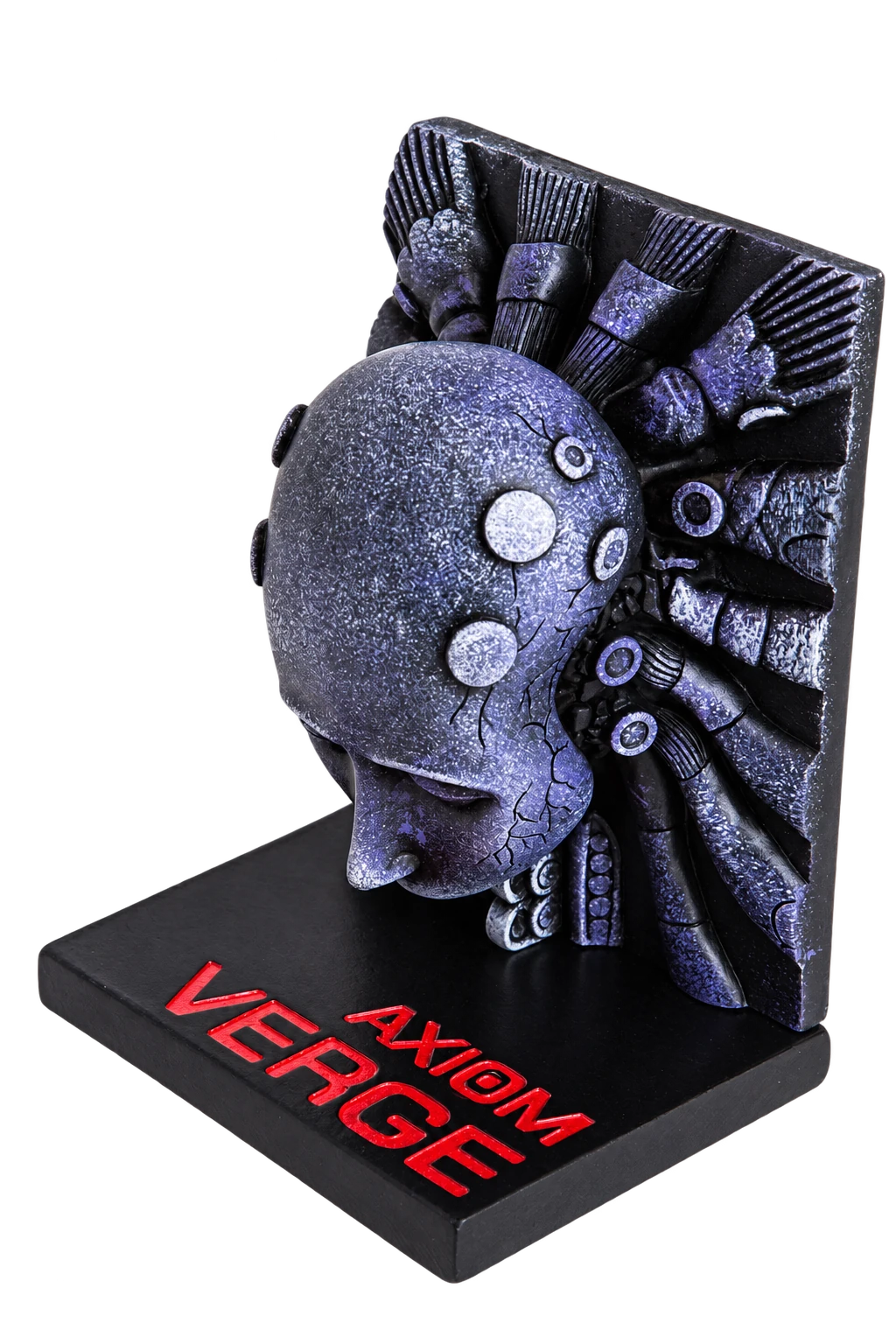 Axiom Verge custom bookend with sculpted purple face and black base